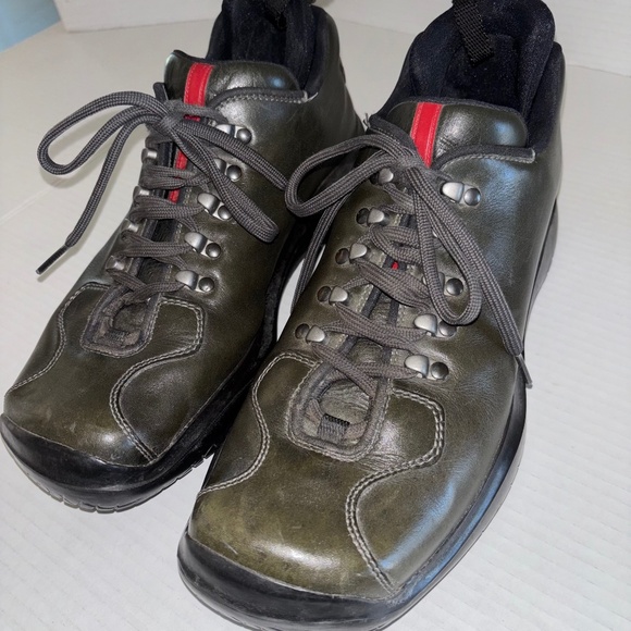 Prada Vintage Dark Green Leather Vibram Men's Derby Shoes Size 8 Made in Italy - Picture 1 of 8